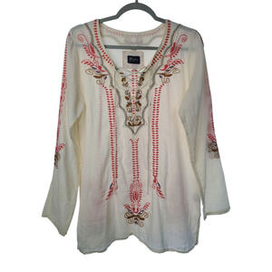 Johnny Was Cream Blouse with Red Embroidery